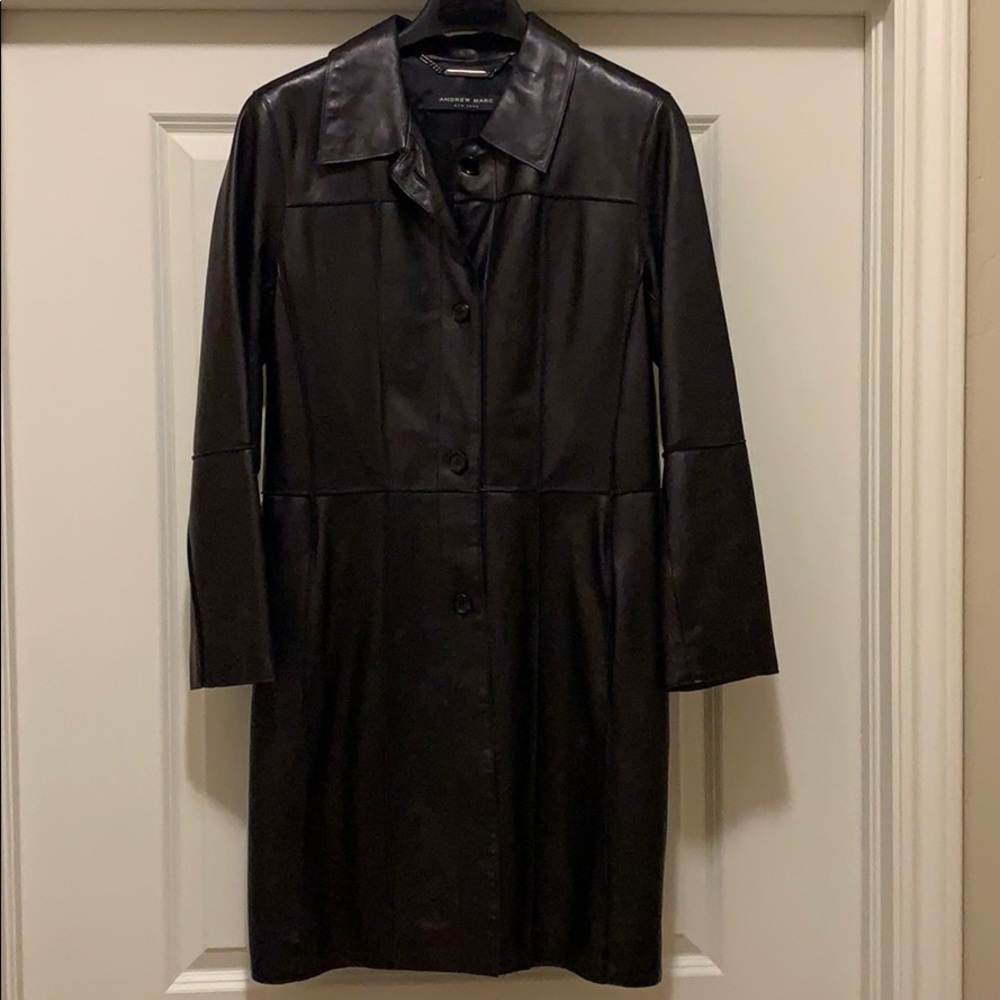 Andrew Marc black leather coat.
